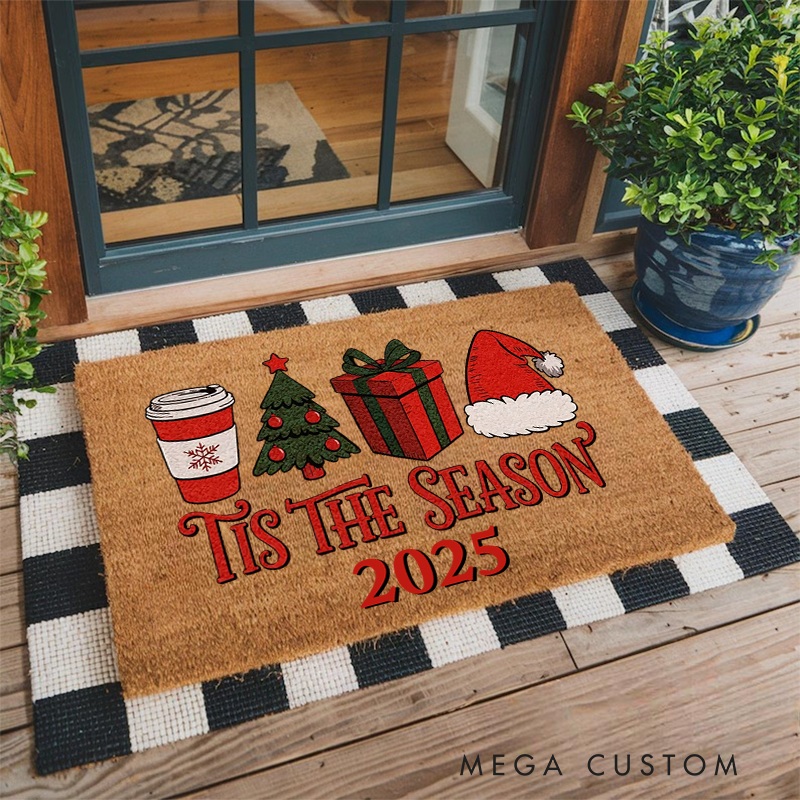 Personalized Tis The Season Christmas Doormat Holiday Welcome Mat with Christmas Tree Santa HatFestive Front  Winter Decoration Christmas Door Decor