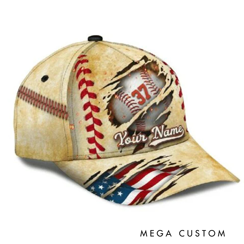 Personalized Baseball Cap with Torn Design Custom Name Number and Flag Details  