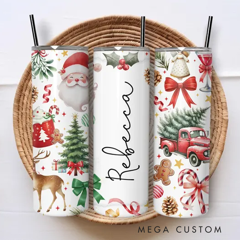 Personalized Name Santa Tumbler 20oz Merry Christmas Skinny Tumbler With Lid and Straw New Year Holiday Gift Xmas Tumbler Cup