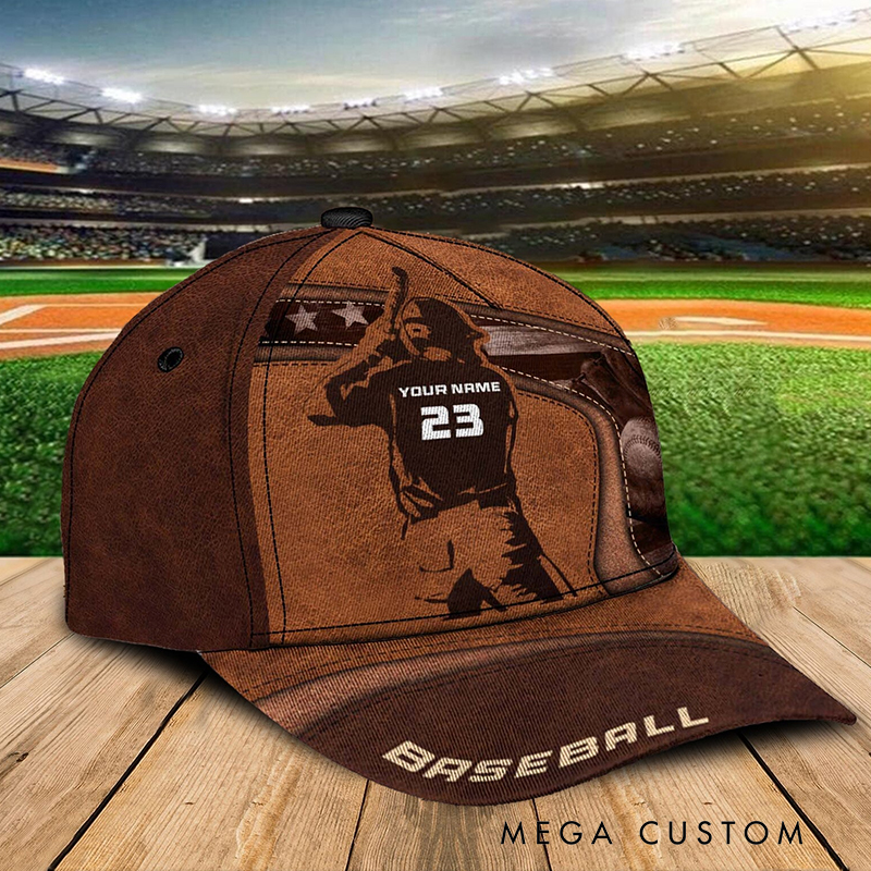 Personalized Baseball Cap with Custom Name Number and Baseball Player Silhouette Design