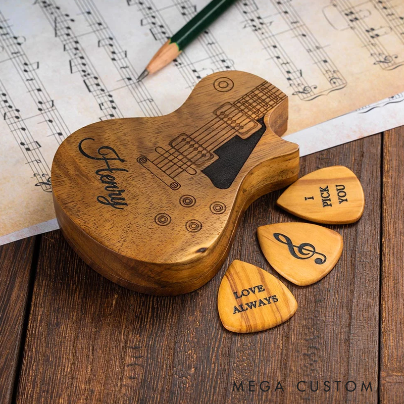 Personalized Wooden Guitar Picks with Storage Case Engraved Holder Box for Pick Set Gift for Guitar Player Musician Birthday Gift Idea