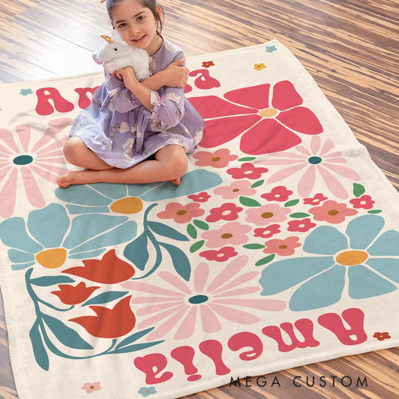 Personalized Retro Boho Watercolor Danish Floral Soft Throw Blanket with Name Home Decor Birthday Holiday Gift for Friends Family