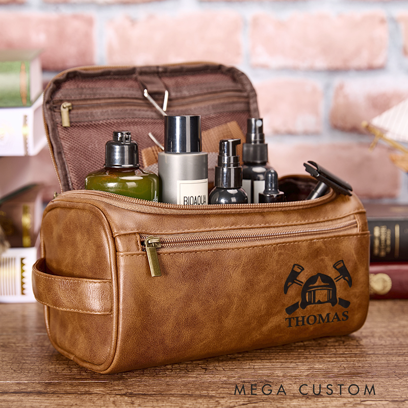 Personalized Leather Toiletry Bag for Firefighter Leather Bag for Fireman Police Dopp Kit