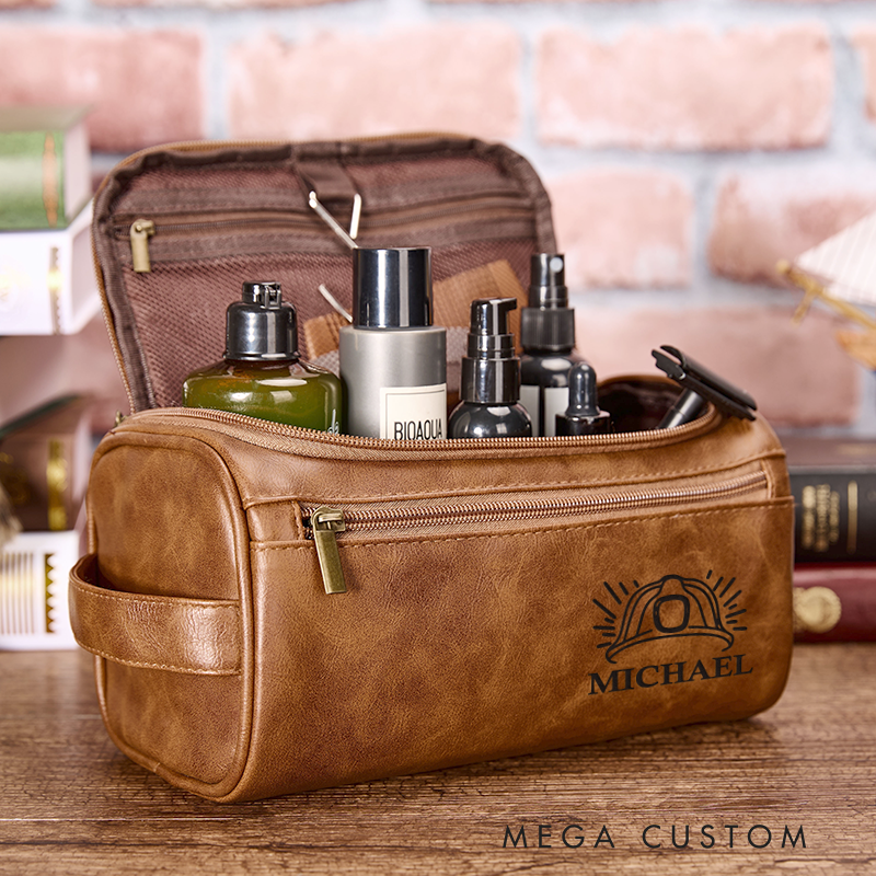 Personalized Leather Toiletry Bag with Firefighter Helmet Leather Bag for Fireman Police Dopp Kit