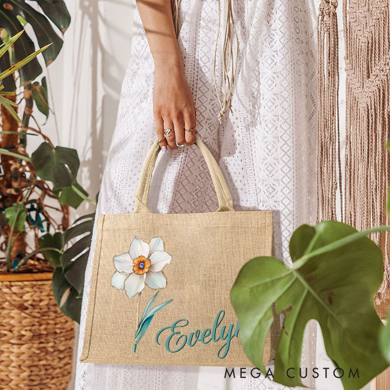 Personalized Retro Oil Painting Birth Flower with Birthstone Custom Name Jute Tote Bag Travel Gift Mother's Day Gift Gardening Lovers Gift 