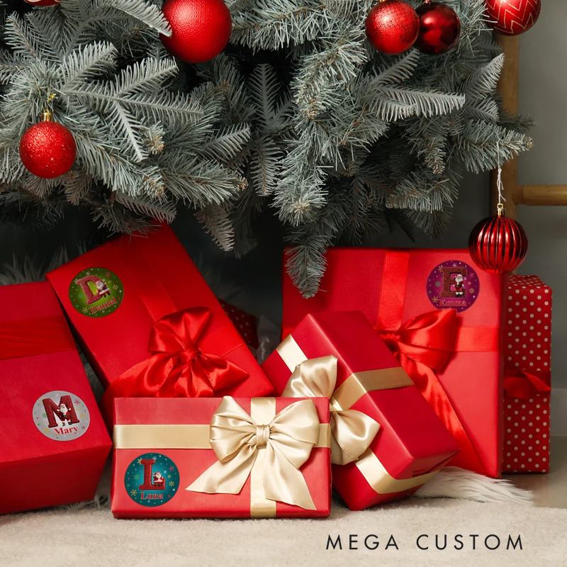 Personalized Cartoon Santa Claus Initial Waterproof Stickers with Name Gift Decor Christmas Party Favor for Friends Family