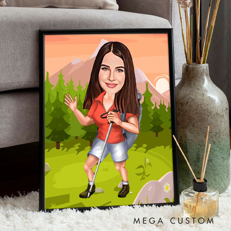 Personalized Hiking Cartoon Portrait Custom Hiking Caricature Portraits from Photos Funny Hiking Portrait Outdoor Adventure Lover Gift