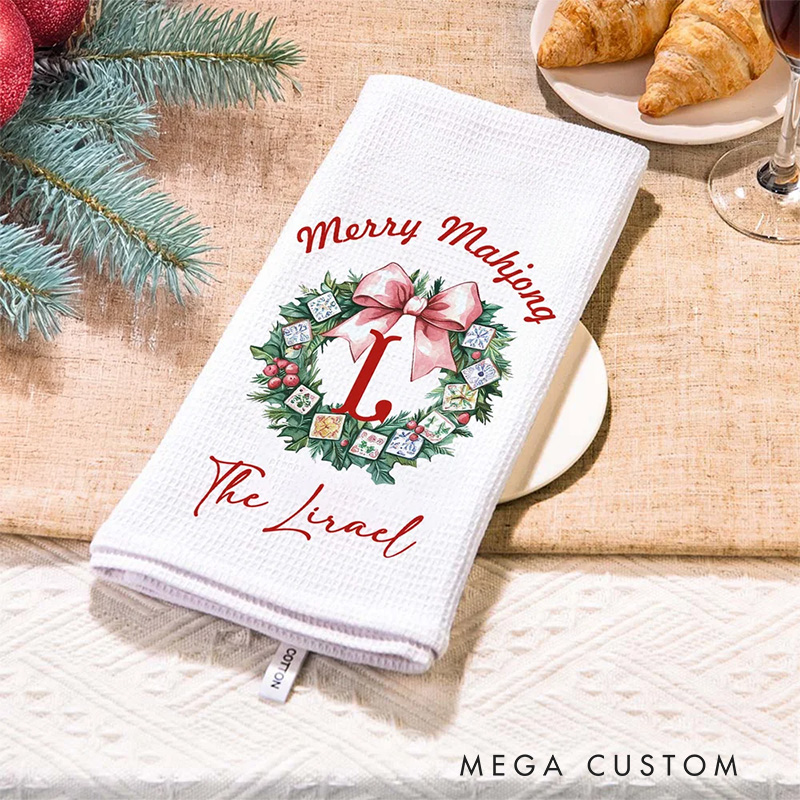 Personalized Bow Garland Christmas Tree Mahjong Waffle Kitchen Towel with Name Baking Tea Dish Towel Holiday Christmas Gift for Family Friend Baking Lover Gift
