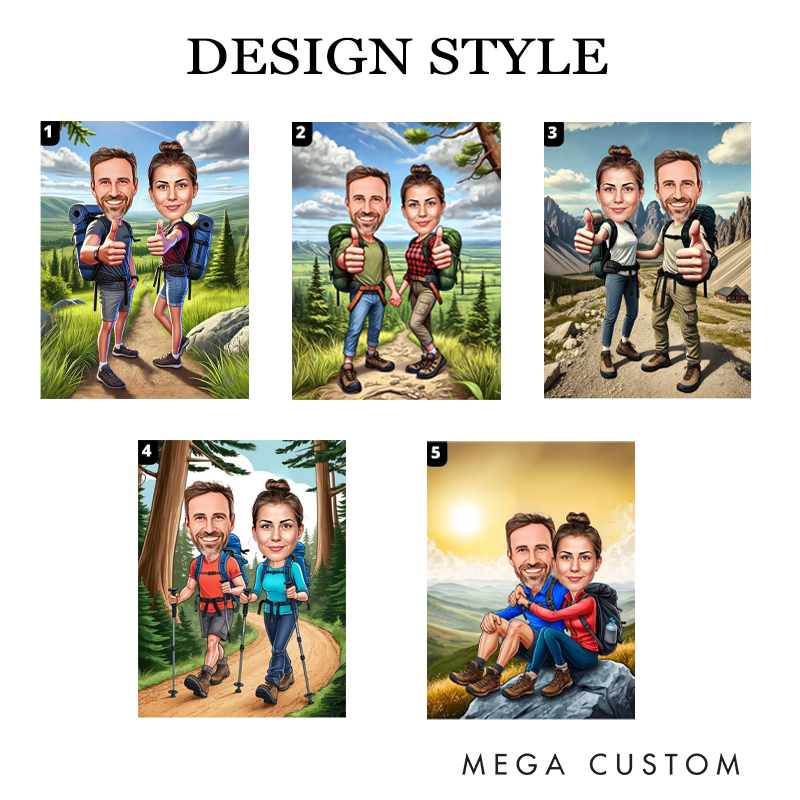 Personalized Hiking Cartoon Portrait Funny Couple Hiking Portrait Custom Hiking Caricature Portraits from Photos Outdoor Lover Gift