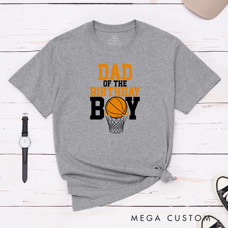 Personalized Family Basketball Birthday T-Shirts with Customizable Titles for Dad, Mom, Brother, Sister, and More Featuring Bold Typography and Basketball Hoop Graphic Design