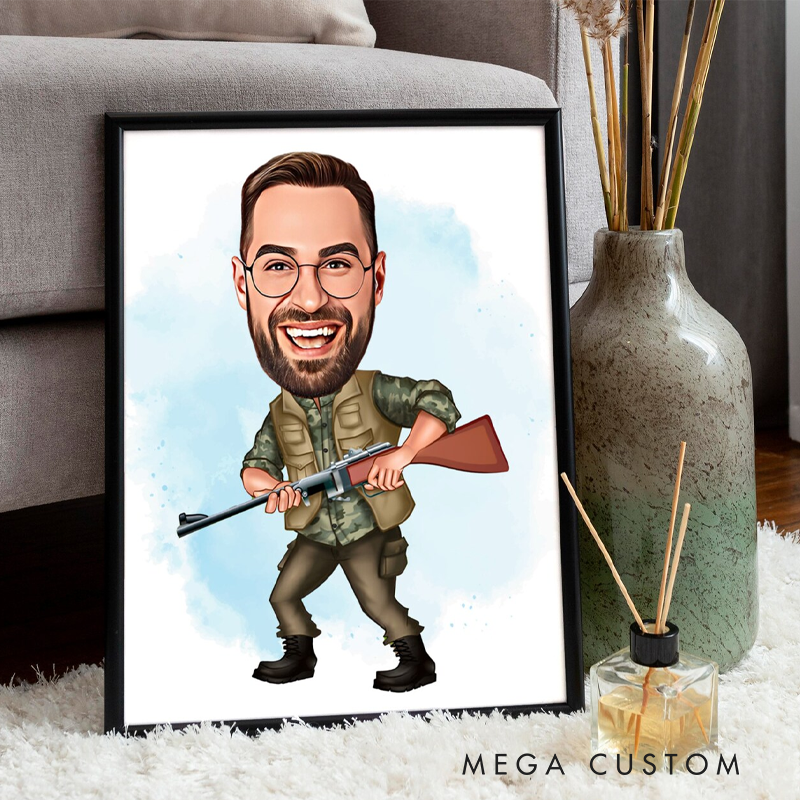 Personalized Hunter Cartoon Portrait Custom Hunter Caricature Hunter Caricature from Photo Unique Hunter Gift
