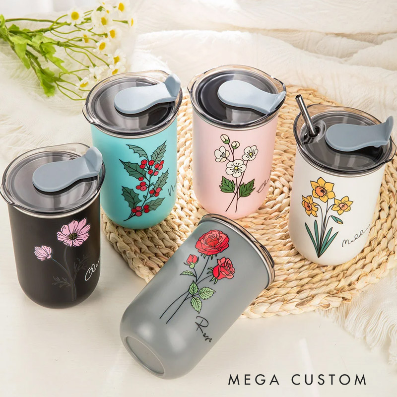 Personalized Watercolor Birth Flower Tumbler with Name Insulated Coffee Straw Tumbler Housewarming Birthday Party Favor Gift Trip Girl  Gift 