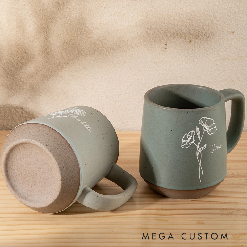 Personalized Birth Flower 12oz Mug Retro Handmade Stoneware Coffee Tumbler with Name Housewarming Birthday Mother's Day Gift for Mom Grandma