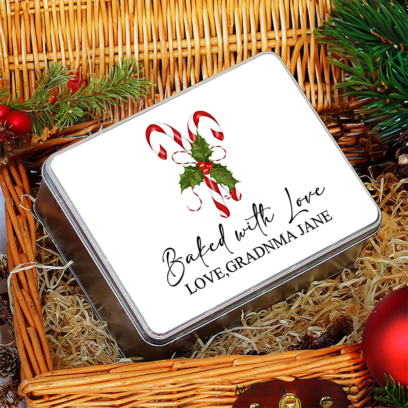 Personalized Christmas Candy Cane Metal Biscuit Tin Box with Text Christmas Gift for Family Kids Baking Lover Gifts