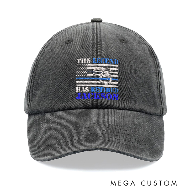 Personalized Retired Police Officer Embroidered Baseball Cap Thin Blue Line Design The Legend Has Retired Gift for Law Enforcement Veterans