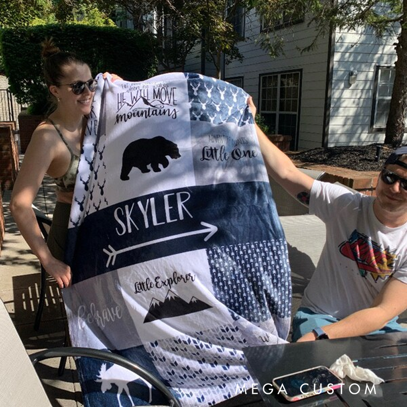 Personalized Blue Woodland Themed Blanket Customized with Name Adventure Throw Blanket for Kid Gift Hunting Lover