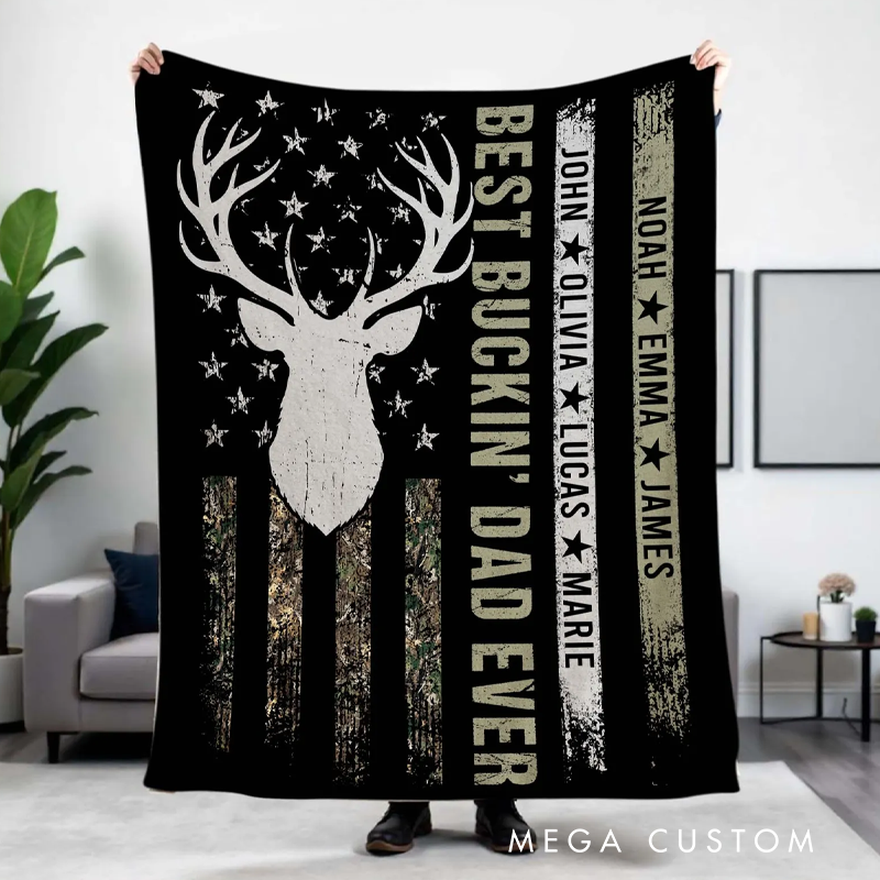 Personalized Dad Blanket with Kid Names Custom Gift for Dad Best Buckin Dad Ever Gift Dad Hunting Blanket Hunting Dad Gift Grandpa Gift