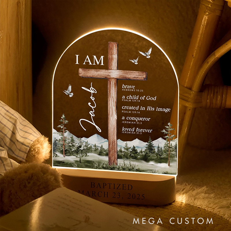 Personalized Cross Mountain Bible Verse Baptism LED Night Light with Wooden Base with Name and Date Nursery Decor Baptism Gift for Godson