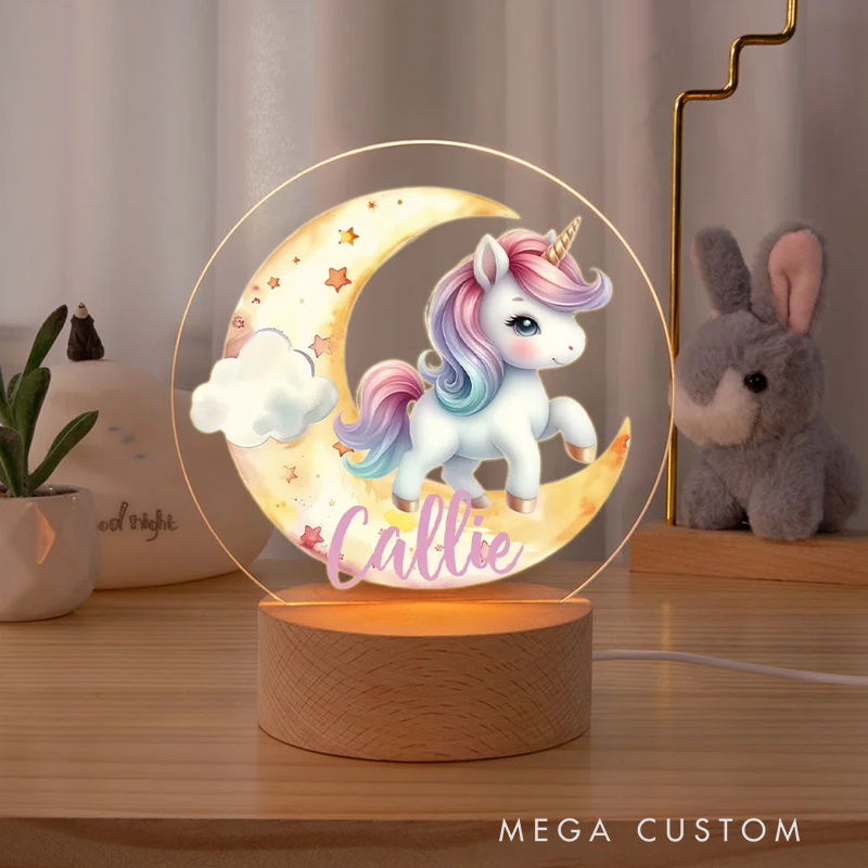 Personalized LED Night Light with Name Unicorn Baby Pattern Room Decoration with Wooden Base Christmas Birthday Baby Shower Gift for Girl