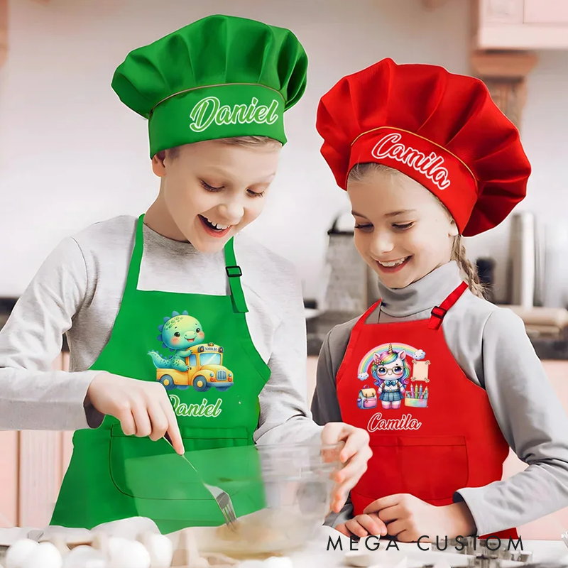 Personalized Fantasy Unicorn Dinosaur Adjustable Apron Chef Hat Set with Pocket and Name Cooking Baking Birthday Gift for Kids