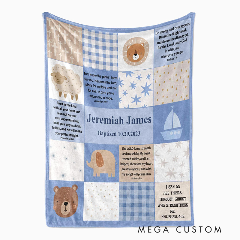 Personalized Woodland Animals Scripture Patchwork Throw Blanket with Name and Date Home Decor Christian Gift for Baby Boy Baptism & Christening Gift