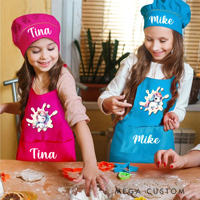 Personalized Fantasy Unicorn Adjustable Apron Chef Hat Set with Pocket and Name Cooking Baking Birthday Gift for Kids
