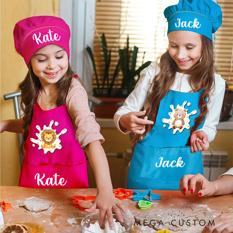 Personalized Cute Animals Adjustable Apron Chef Hat Set with Pocket and Name Cooking Baking Birthday Gift for Kids