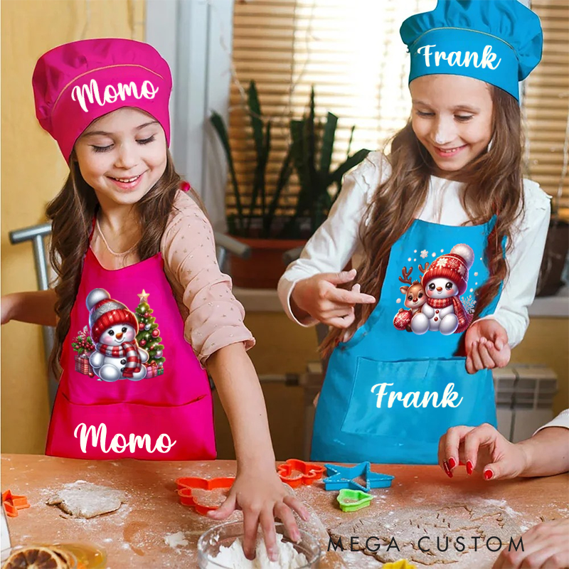 Personalized Cute Snowman Adjustable Apron Chef Hat Set with Pocket and Name Cooking Baking Birthday Gift for Kids