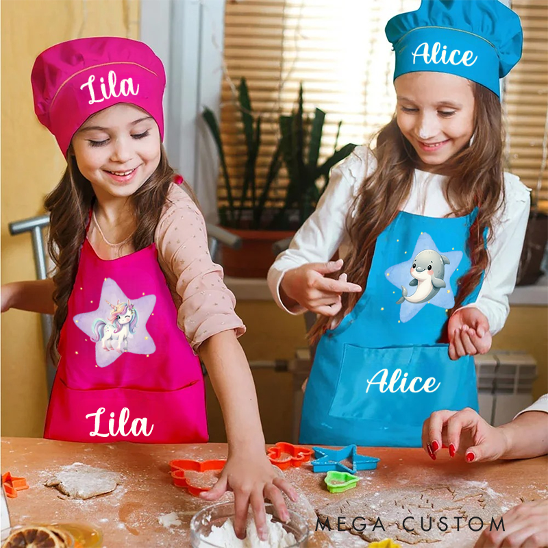 Personalized Cute Animals Adjustable Apron Chef Hat Set with Pocket and Name Cooking Baking Birthday Gift for Kids