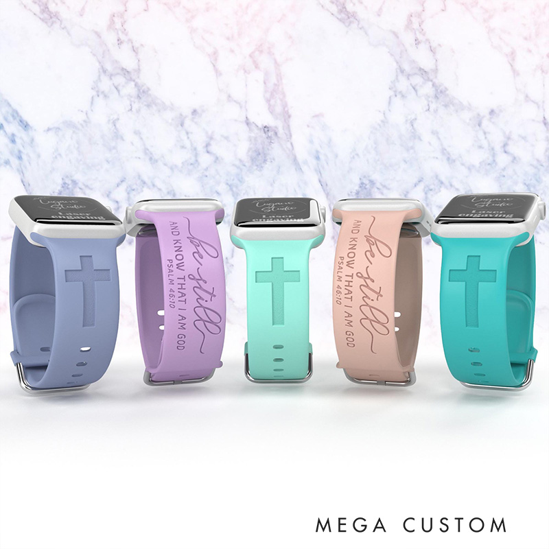 Personalized Be Still Cross Silicone Watch Band with Name for Apple Watch Engraved Psalm 46:10 Bible Verses Watch Band Religious Christian Gift