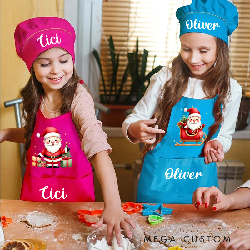 Personalized Cute Santa Claus Apron Chef Hat Set with Pocket and Name Cooking Baking Birthday Gift for Kids