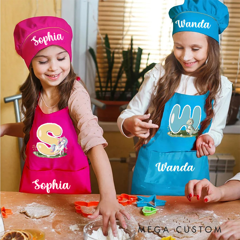 Personalized Animal Initials Adjustable Apron Chef Hat Set with Pocket and Name Cooking Baking Birthday Gift for Kids