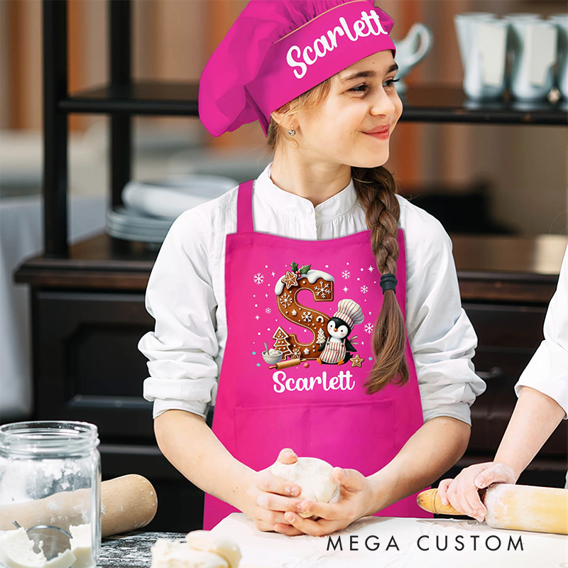 Personalized Cute Penguin Cookie Initial Adjustable Kid Apron Chef Hat Set with Pocket for Cooking Christmas Birthday Gift for Boys Girls