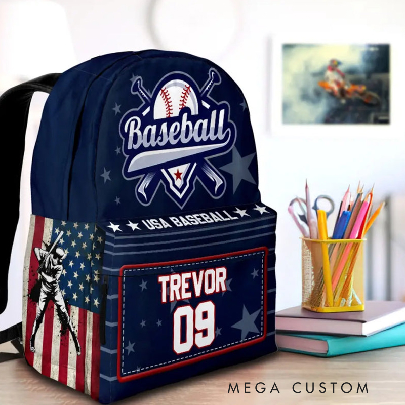 Personalized USA Baseball Themed Backpack with Custom Name and Number for Players and Fans  
