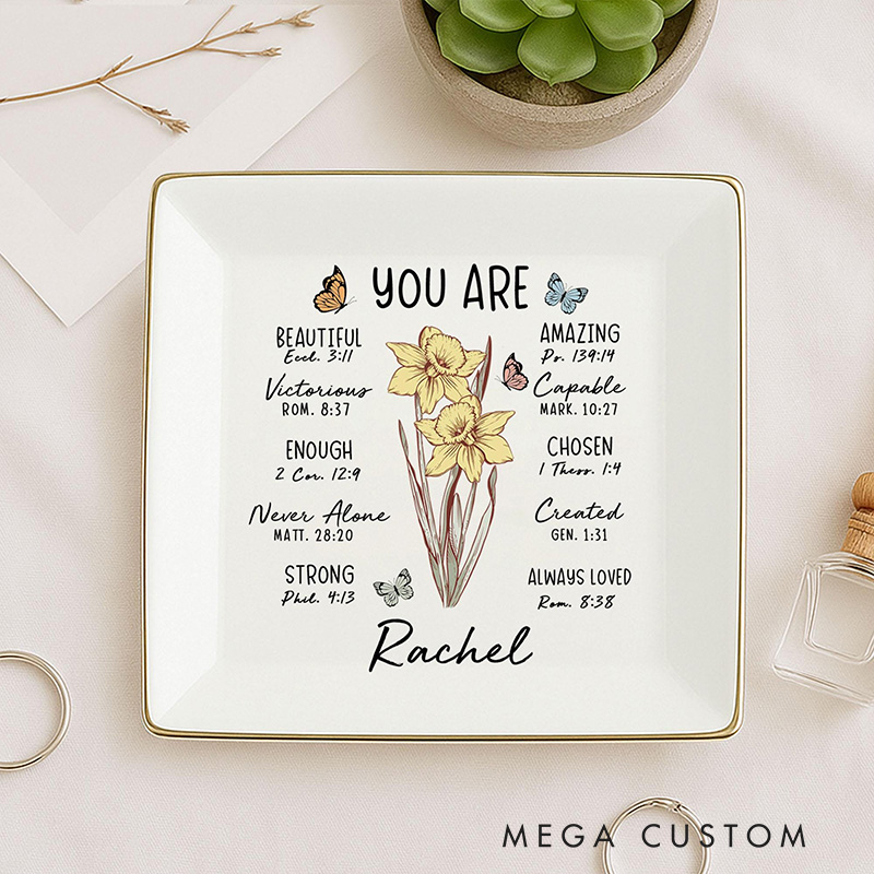 Personalized You are Birth Flower Ceramic Square Round Heart Ring Dish with Name Christian Jewelry Dish Bible Verse Ring Dish Gift for Her Faith Gift