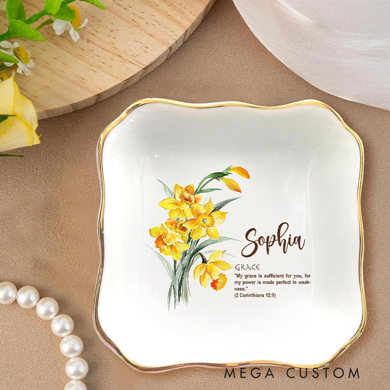 Personalized Bible Verse Watercolor Birth Flower Ceramic Ring Dish with Name Christian Floral Trinket Dish Faith Jewelry Dish Gift for Her