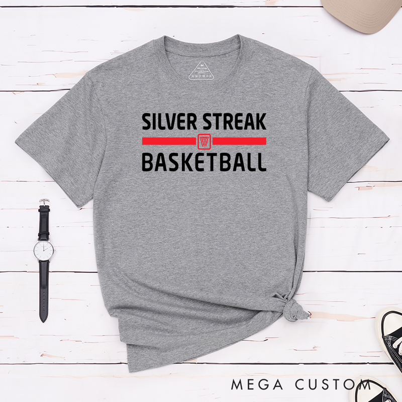 Personalized Basketball Team T-Shirts with Customizable Team Name, Bold Typography, Hoop Graphic, and a Variety of Color Options