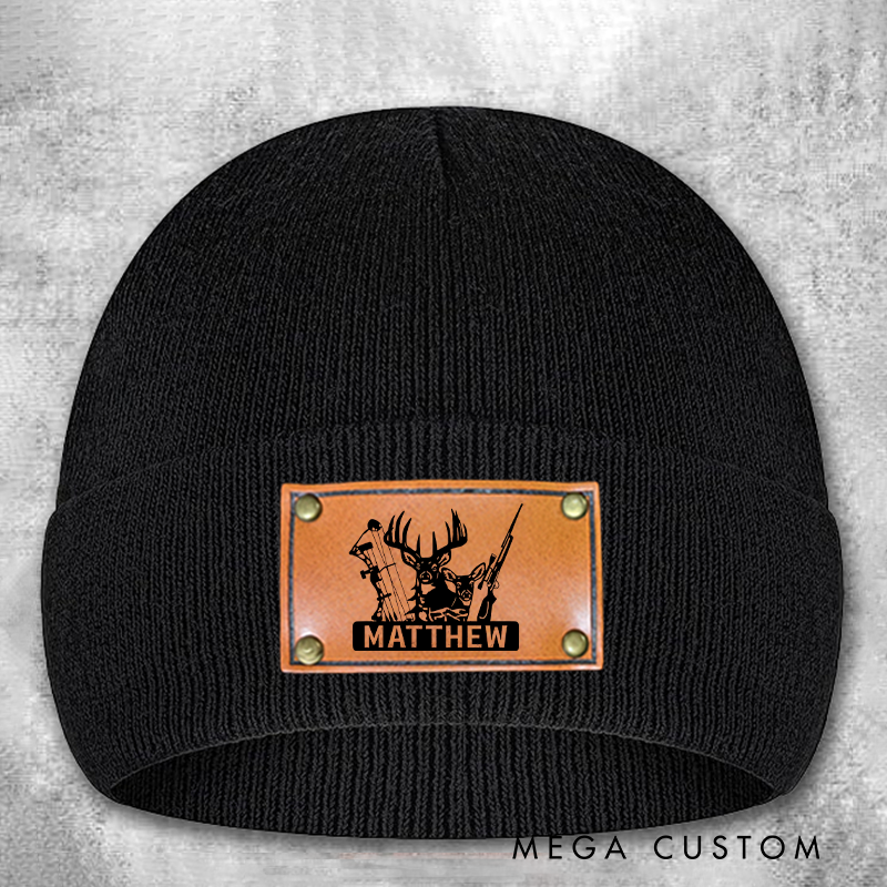 Personalized Bow and Hunting Rifle Winter Hat for Dad Custom Deer Hunter Beanie Hat Hunter Gift for Husband