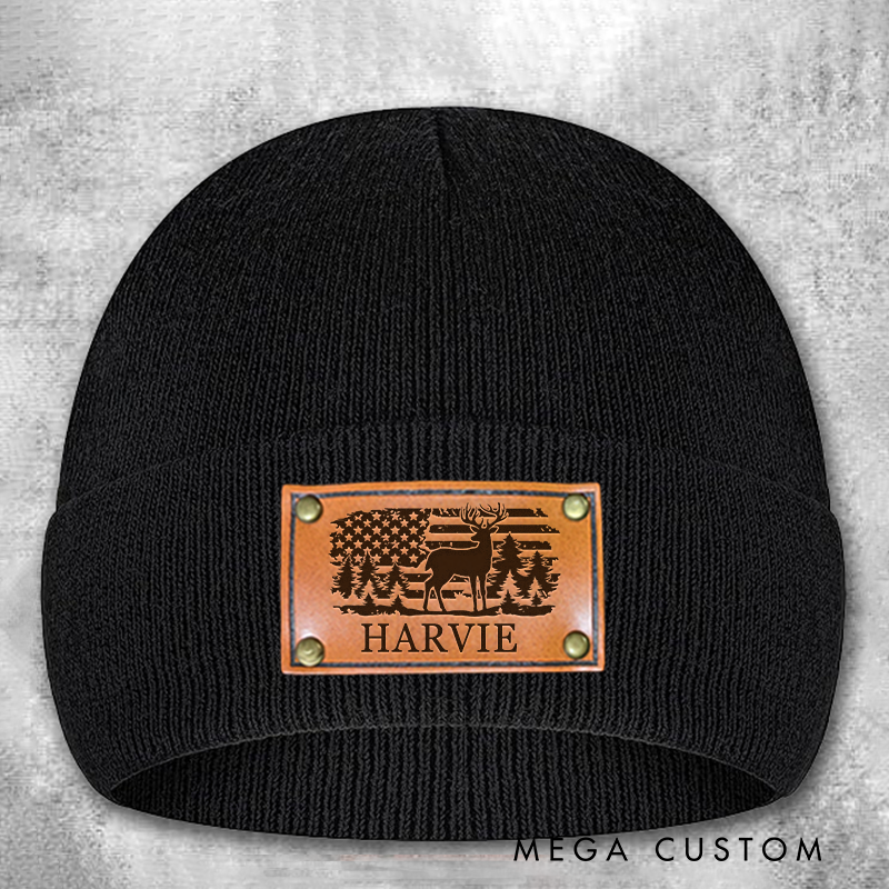 Personalized Leather Patch Beanie Custom Deer and Forest Design with American Flag Knitted Hat Hunter Gift for Husband Dad Boyfriend