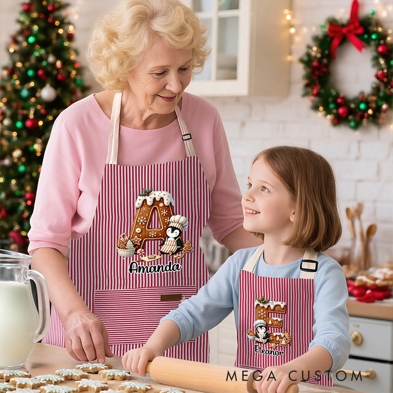 Personalized Christmas Penguin Biscuit Initial Kid Adult Baking Apron with Name and Front Pocket Birthday Christmas Gift for Kids Family