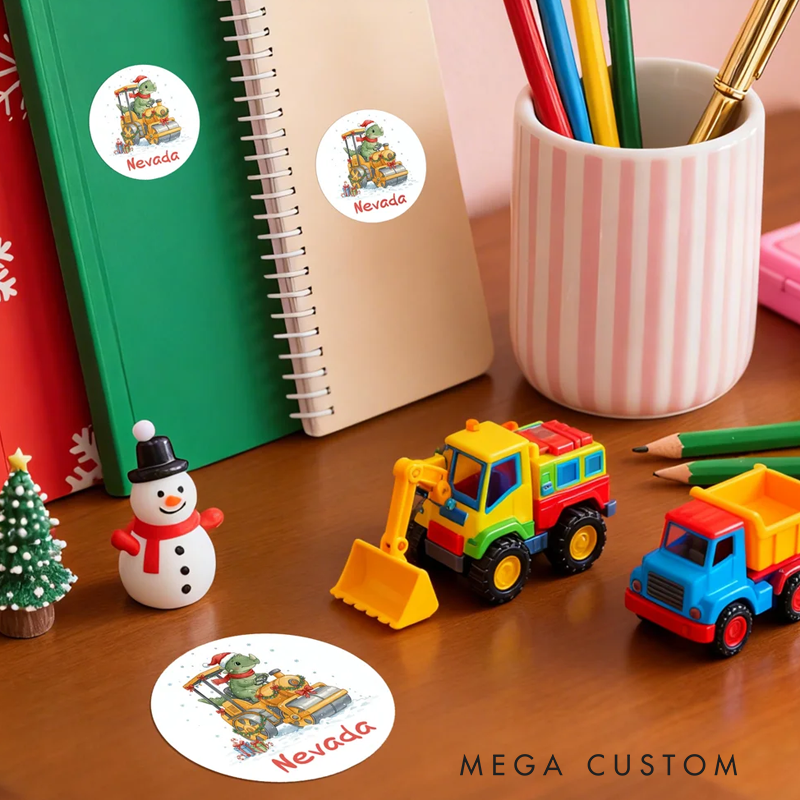 Personalized Cute Dinosaur Construction Vehicles Waterproof Stickers with Name Gift Decor Christmas Party Favors for Boys Dinosaur Lovers