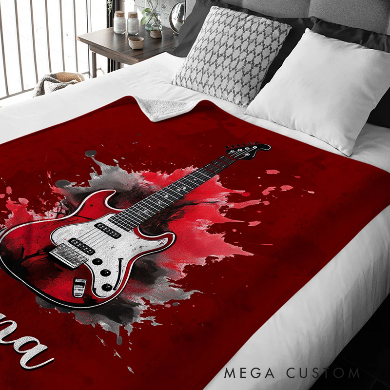 Personalized Multicolor Splash Ink Electric Guitar Soft Throw Blanket with Name Music Room Decor Gift for Guitar Player