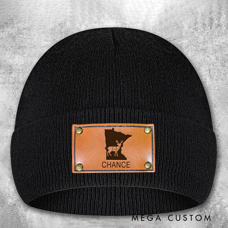Personalized Any State Whitetail Deer Hunting Firearm Snap Back Patch Beanie Custom Hunter Winter Hat Gift for Husband Dad Boyfriend