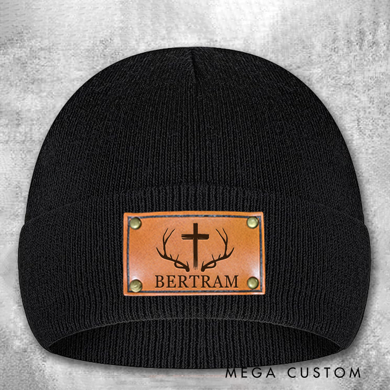 Personalized Leather Patch Beanie Custom Antler and Cross Winter Hat Classic Hunter Winter Hat Gift for Husband Him Boyfriend