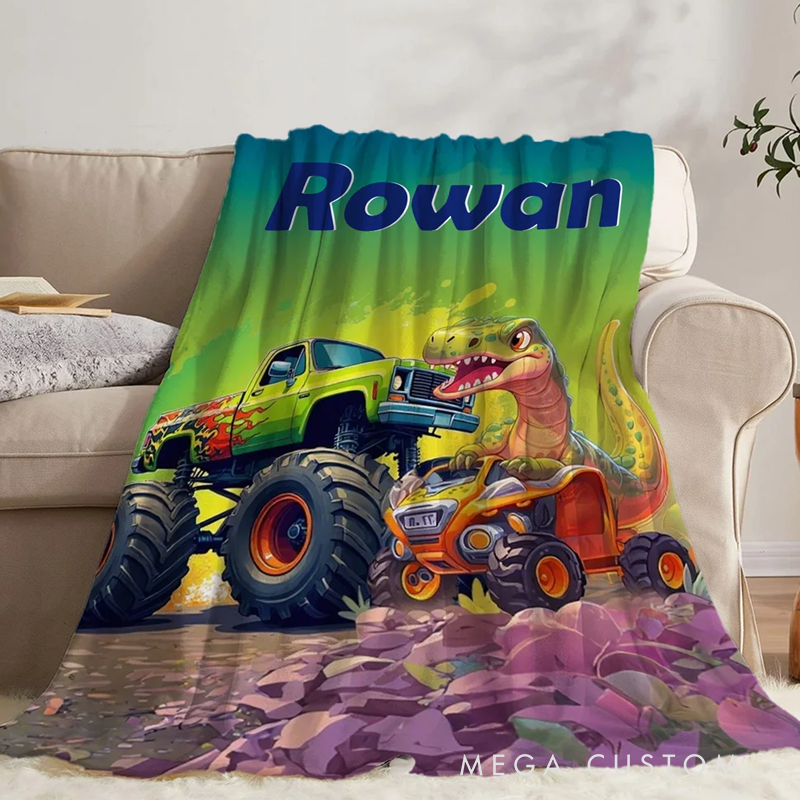 Personalized Soft Blanket with Name for Kids (Monster Trucks Dinosaurs Fantasy Unicorns) Birthday Gift for Children