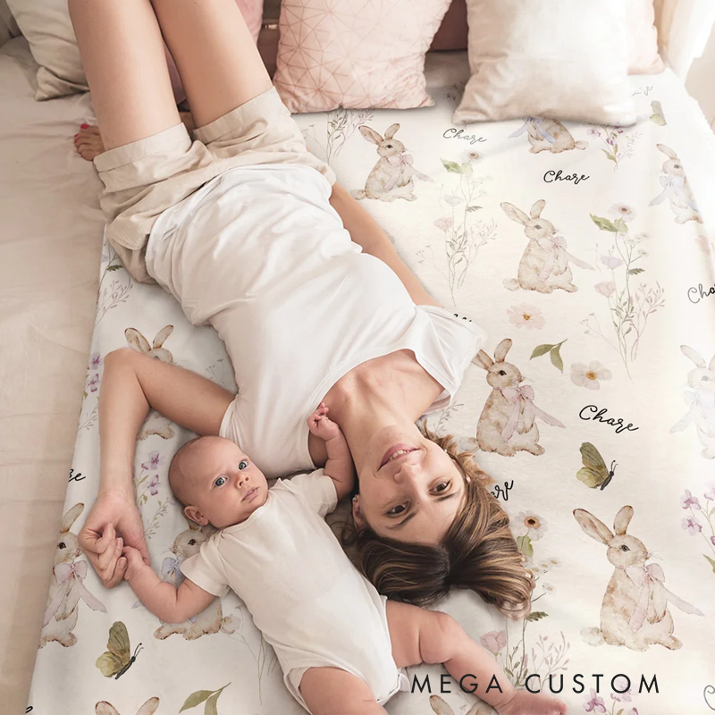 Personalized Wildflower Rabbit Soft Throw Blanket with Name Home Decor Anniversary Birthday Gift for Family Baby