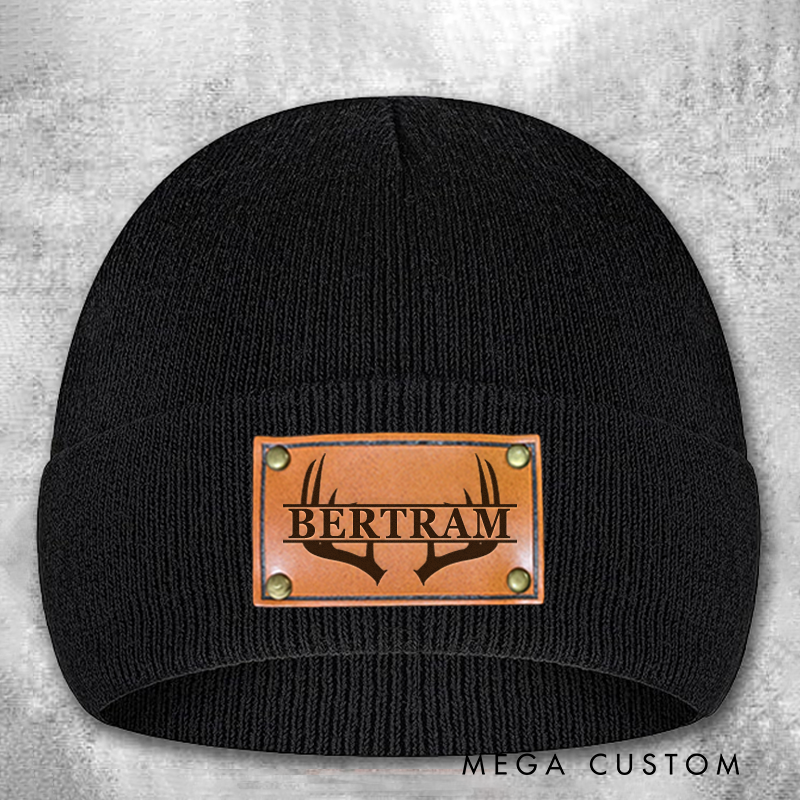 Personalized Leather Patch Beanie Custom Name Hat Hunting Winter Hat Gift for Husband Him Boyfriend