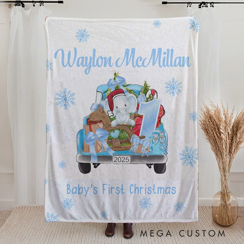 Personalized Baby's First Christmas Blanket Cute Animal on Gift Truck Sofa Blanket with Name Holiday Home Decoration Christmas Gift for Family Kid