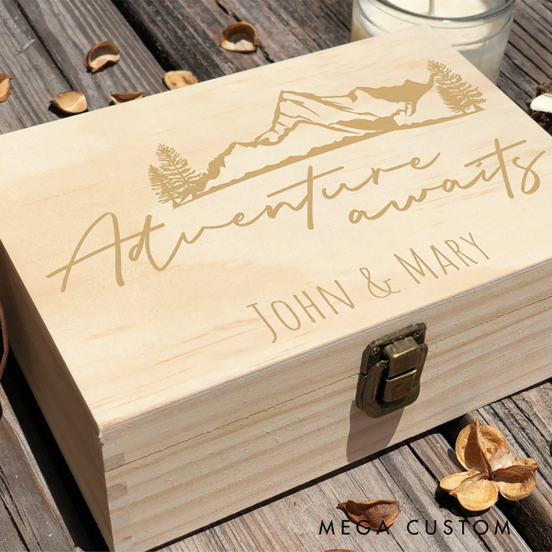 Personalized Wooden Keepsake Box Engraved Adventure Awaits Outdoor Adventures Memory Box Wood Memorial Box Gift for Outdoor Lover