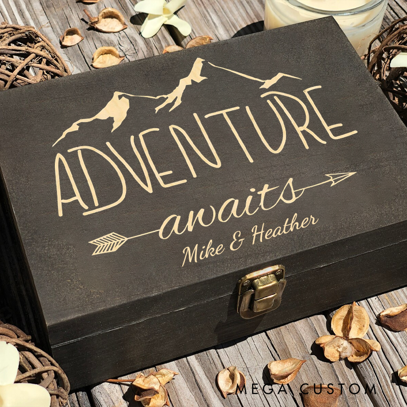 Personalized Adventure Memory Box Engraved Rustic Keepsake Custom Photo Box Adventure Awaits Memorial Box Gift for Outdoor